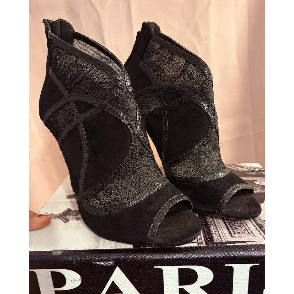 Karen Millen Black Lace & Suede Ankle Boots Booties Peep Toe Stiletto Size 38